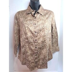 Talbots Petite Button Down Shirt Abstract Leopard Print 3/4 Sleeve Sz 8P Stretch